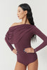 DANCE QUEEN 821-10 Grape Purple Pleats Ruffle Off Shoulder Long Sleeve Ballroom Practice Dancing Leotard
