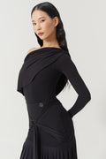 DANCE QUEEN 821-8 Black Pleats Ruffle Off Shoulder Long Sleeve Ballroom Practice Dancing Leotard