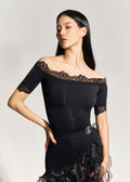 DANCE QUEEN 999-1 Black Off Shoulder Lace Short Sleeve Ballroom Leotard
