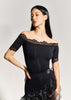 DANCE QUEEN 999-1 Black Off Shoulder Lace Short Sleeve Ballroom Leotard