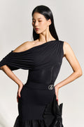 DANCE QUEEN 703-4 Black One Shoulder Ruffle Dancing Ballroom Leotard