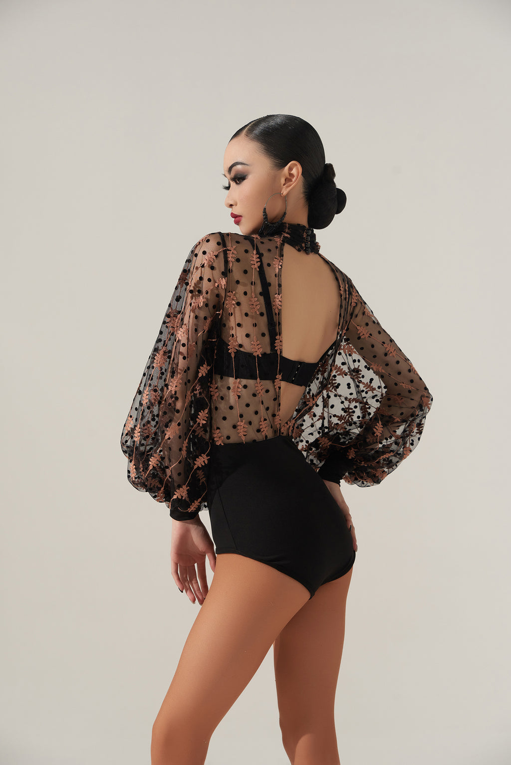 DQ-498 Mock Neck Floral Embroidery Mesh Leotard