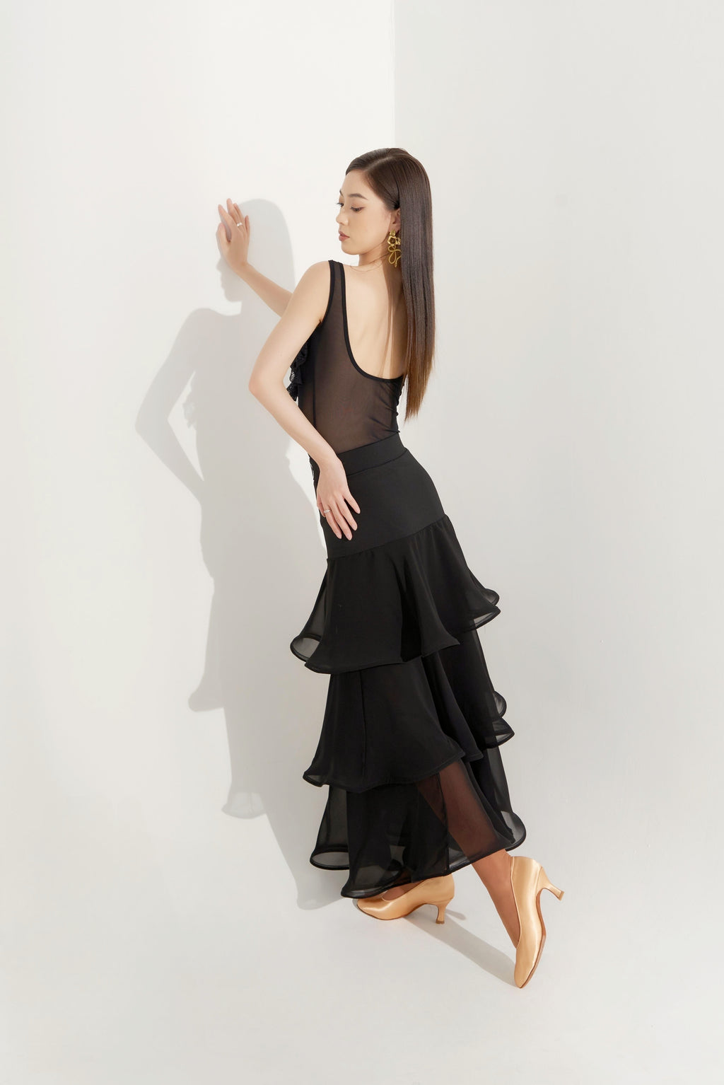 DQ-322 Black Layered Organza Ruffle Hem Skirt