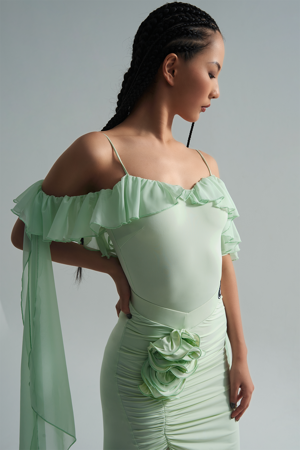 DANCE QUEEN 702-3 Mint Mambo Off Shoulder Ribbon Ballroom Leotard