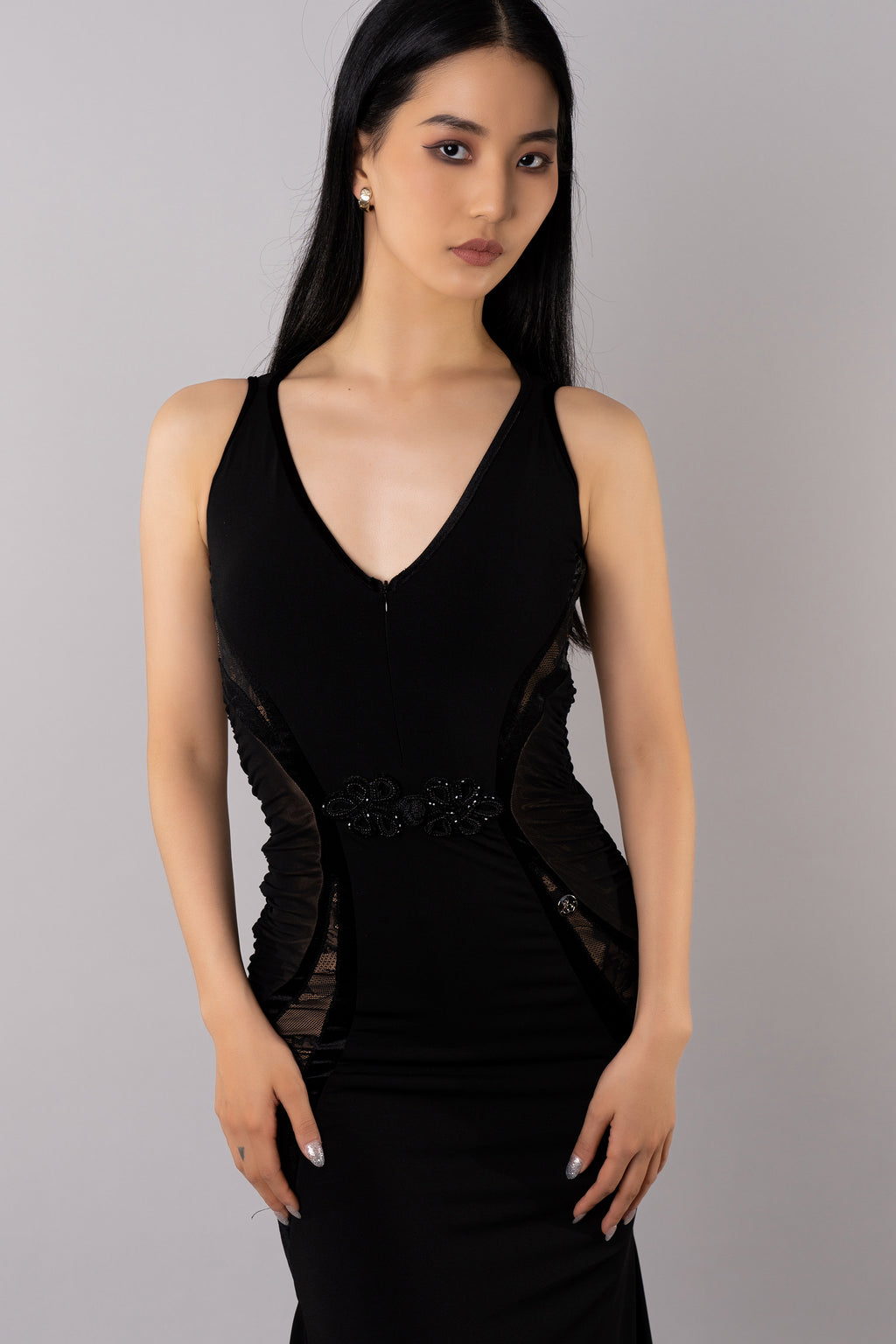 DQ-533 Tailor-Made Cinched Waist Sensual Tattoo Effect Back Dress