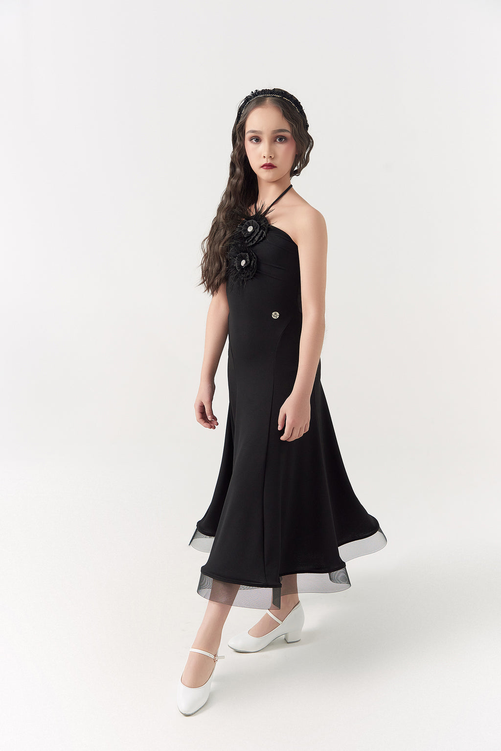 DQ-2306 Kid High-End Customized Floral Charm Halter Ruffle Dress