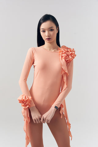 DQ-480 Flowing Asymmetrical Ruched Rosette Leotard