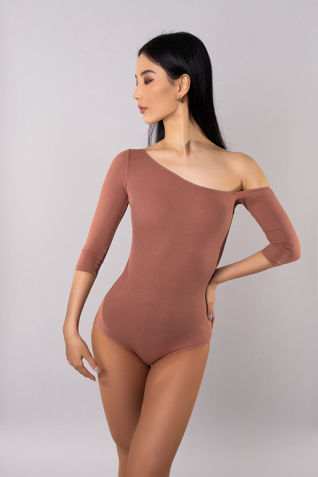 DANCE QUEEN 011 DANCE QUEEN Asymmetrical 3/4 Sleeve Ribbed Leotard