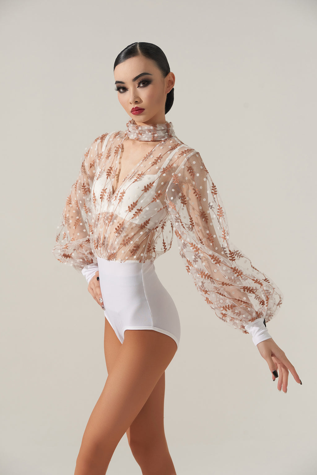 DQ-498 Mock Neck Floral Embroidery Mesh Leotard