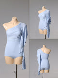 DANCE QUEEN 703-10 Light Blue One Shoulder Pleated Float Ballroom Practice Dance Sport Leotard