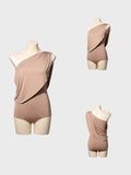 DANCE QUEEN 722-10 Milk Tea Off Shoulder Pleated Practice Dance Sport Ballroom leotard