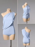 DANCE QUEEN 722-6 Light Blue One Shoulder Pleated Ballroom Practice Dance Sport Leotard