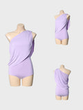 DANCE QUEEN 722-7 Taro Purple Off Shoulder Pleated Ballroom Practice Dance Sport Leotard