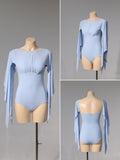 DANCE QUEEN 723-11 Light Blue Boat Neck Backless Float Ballroom Practice Dance Sport Leotard