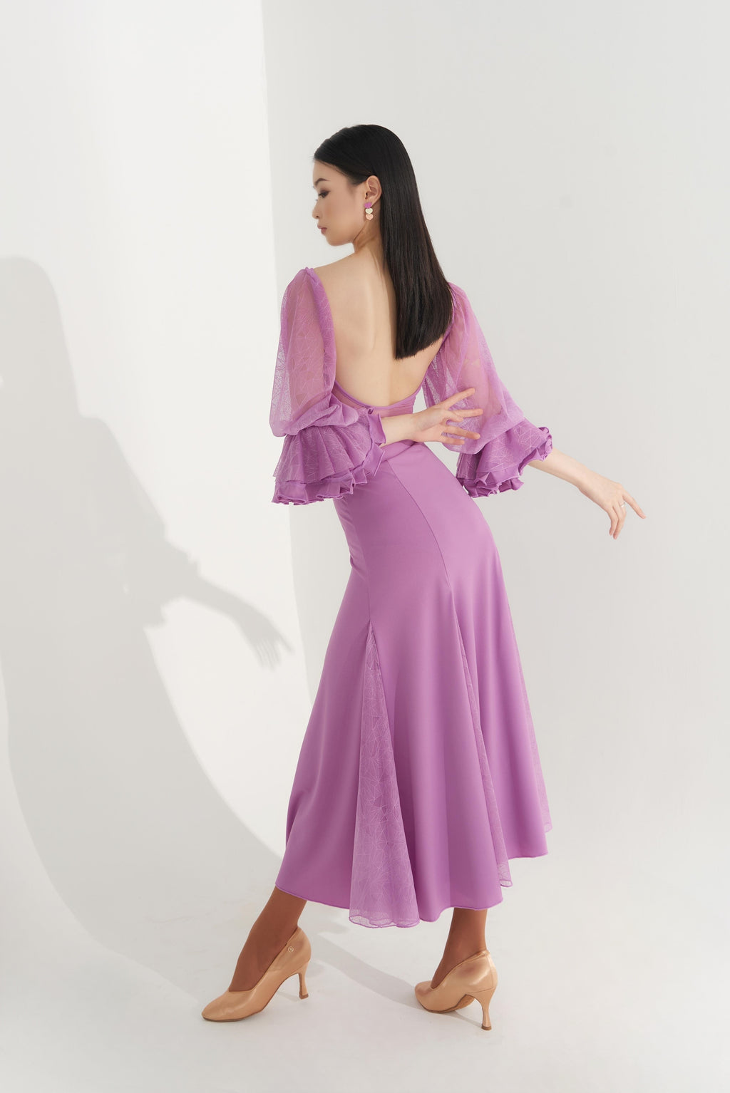 DQ433-3 Dopamine Series-Ruffle Sleeve Flared Sheer Leotard