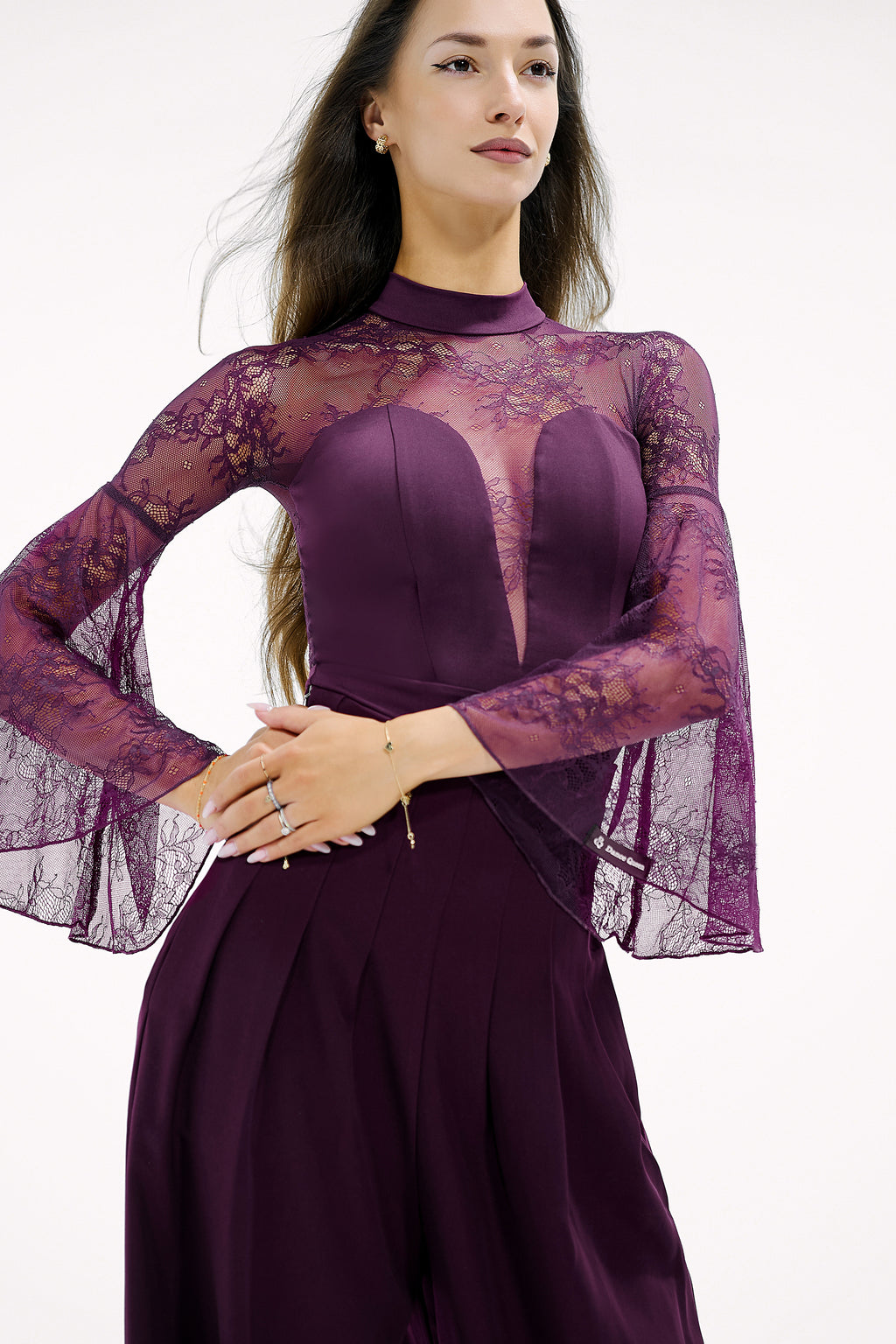 DANCE QUEEN 827 Plum Autumn Limited Color Lace Bell Sleeve Ballroom Practice Leotard