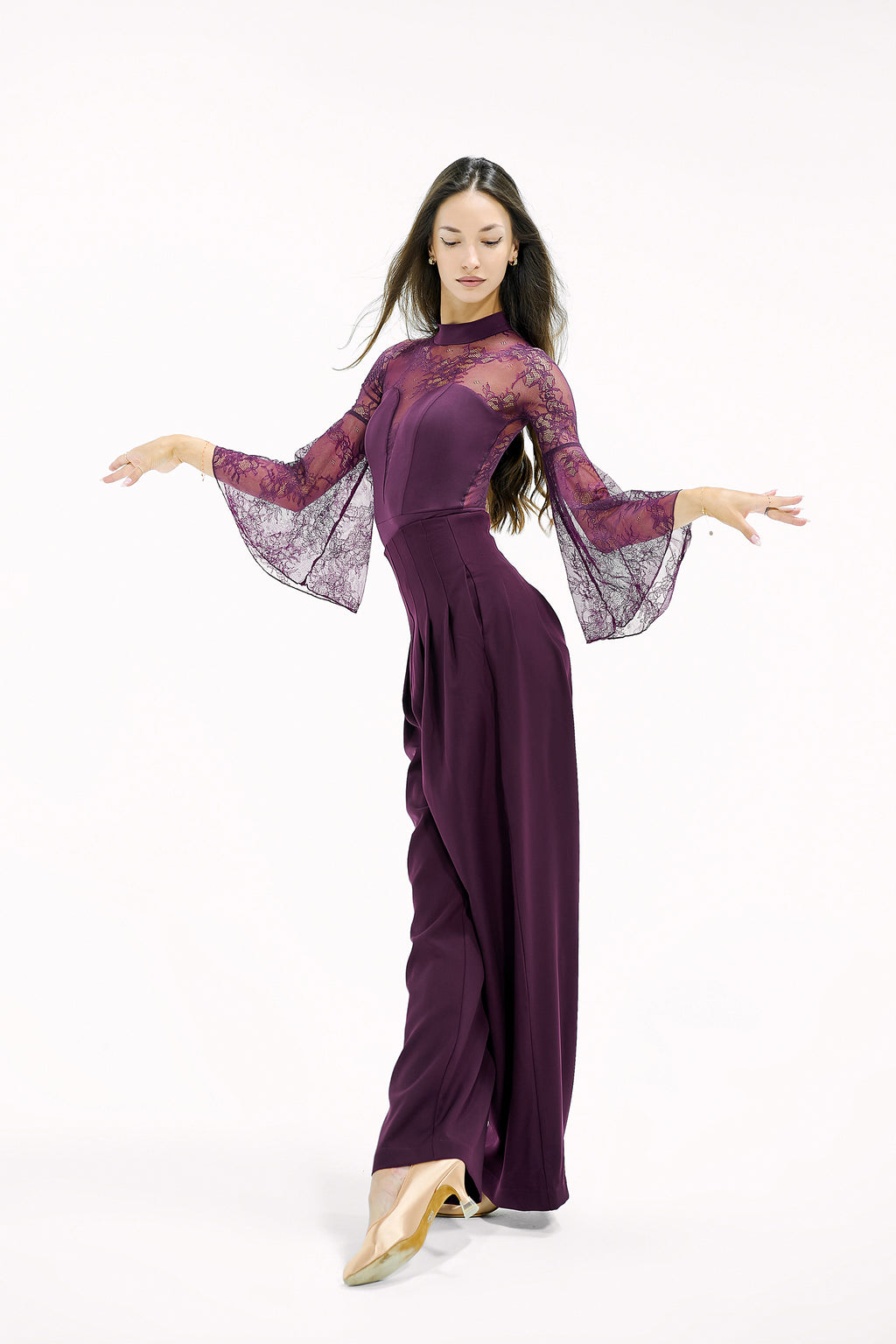 DANCE QUEEN 827 Plum Autumn Limited Color Lace Bell Sleeve Ballroom Practice Leotard