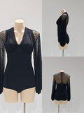 DANCE QUEEN 899-4 Black V Neck Lace Long Sleeve Ballroom Practice Dance Sport Leotard