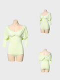 DANCE QUEEN 901-6 Aloe Vera Green V Neck Lace Puff Sleeve Ballroom Practice Dance Sport Leotard