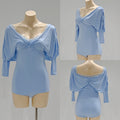 DANCE QUEEN 901-9 Light Blue V Neck Lace Puff Sleeve Ballroom Practice Dance Sport Leotard