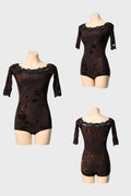 DANCE QUEEN 943-13 Chocolate Off Shoulder Lace Print Ballroom Practice Dance Sport Leotard