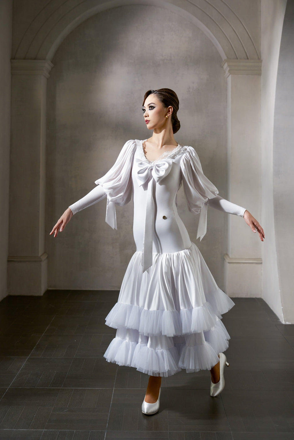 DANCE QUEEN 1036-2 White Bow  Haute Couture Classic Cake skirt Customized Dress