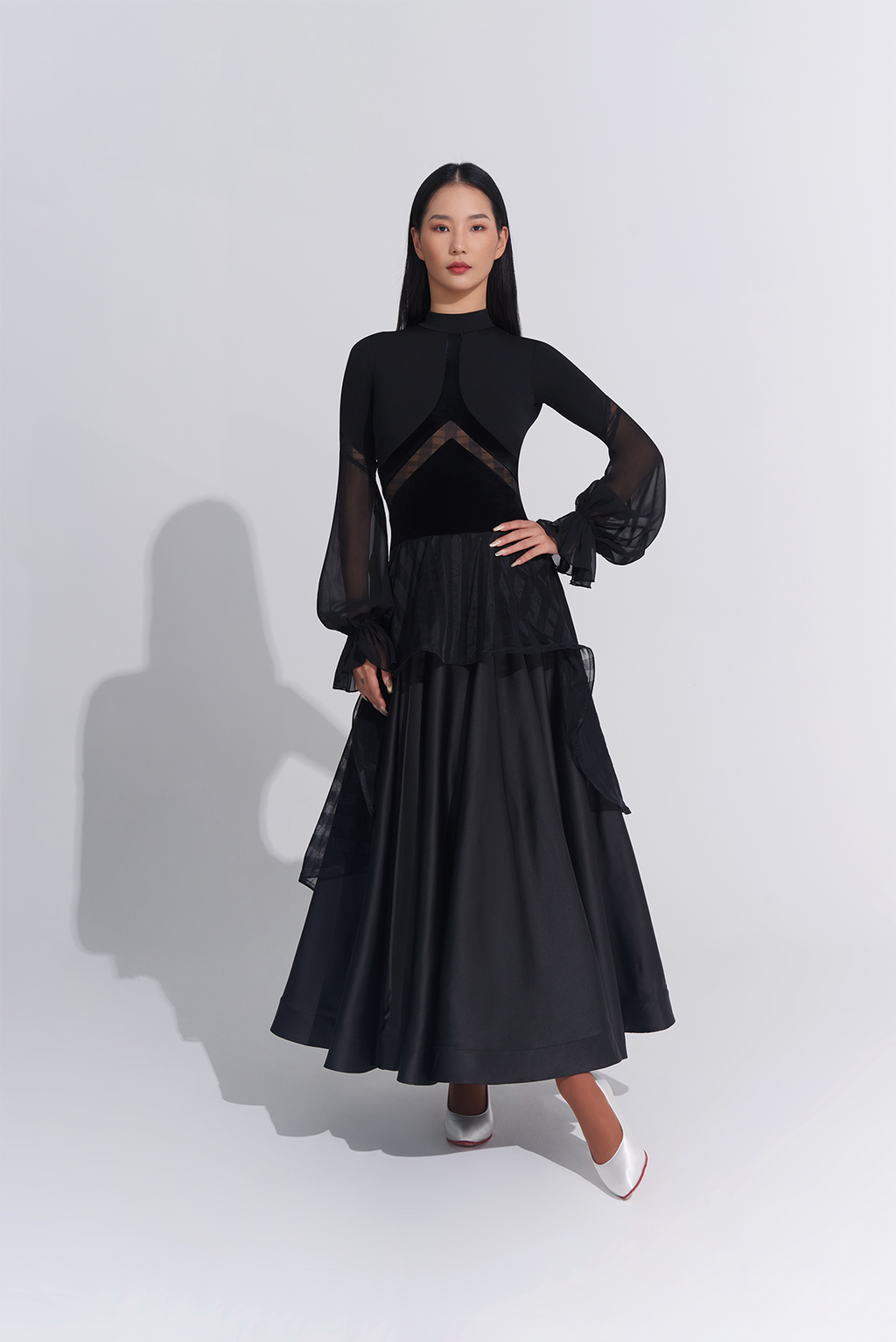 DANCE QUEEN 882 Lace Bell Sleeve Haute Couture Black Practice Show Dress