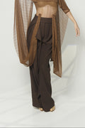 DANCE QUEEN 1198-4 Brown High Waist Pleated Asymmetrical Draped Sash Wide Leg Ballroom Practice Dancing Trouser