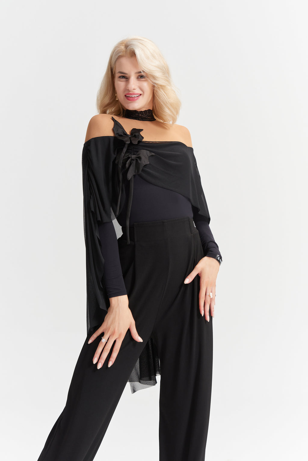 DANCE QUEEN 1016 Black Bow High Neck Long Sleeve Ballroom Practice Dance Sport Leotard