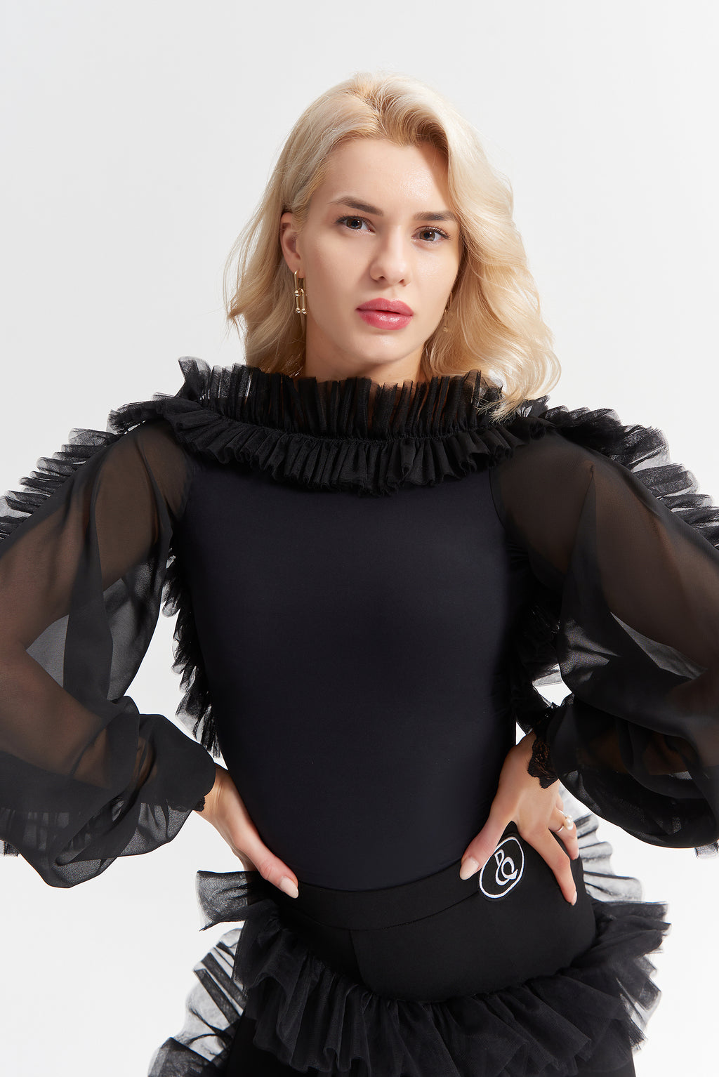 DANCE QUEEN 1020 Black Puff Sleeve Ballroom Practice Dance Sport Leotard