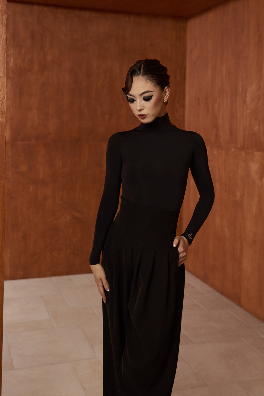DANCE QUEEN 1050 Black High Neck Tight Nude Long Sleeve Woman Leotard