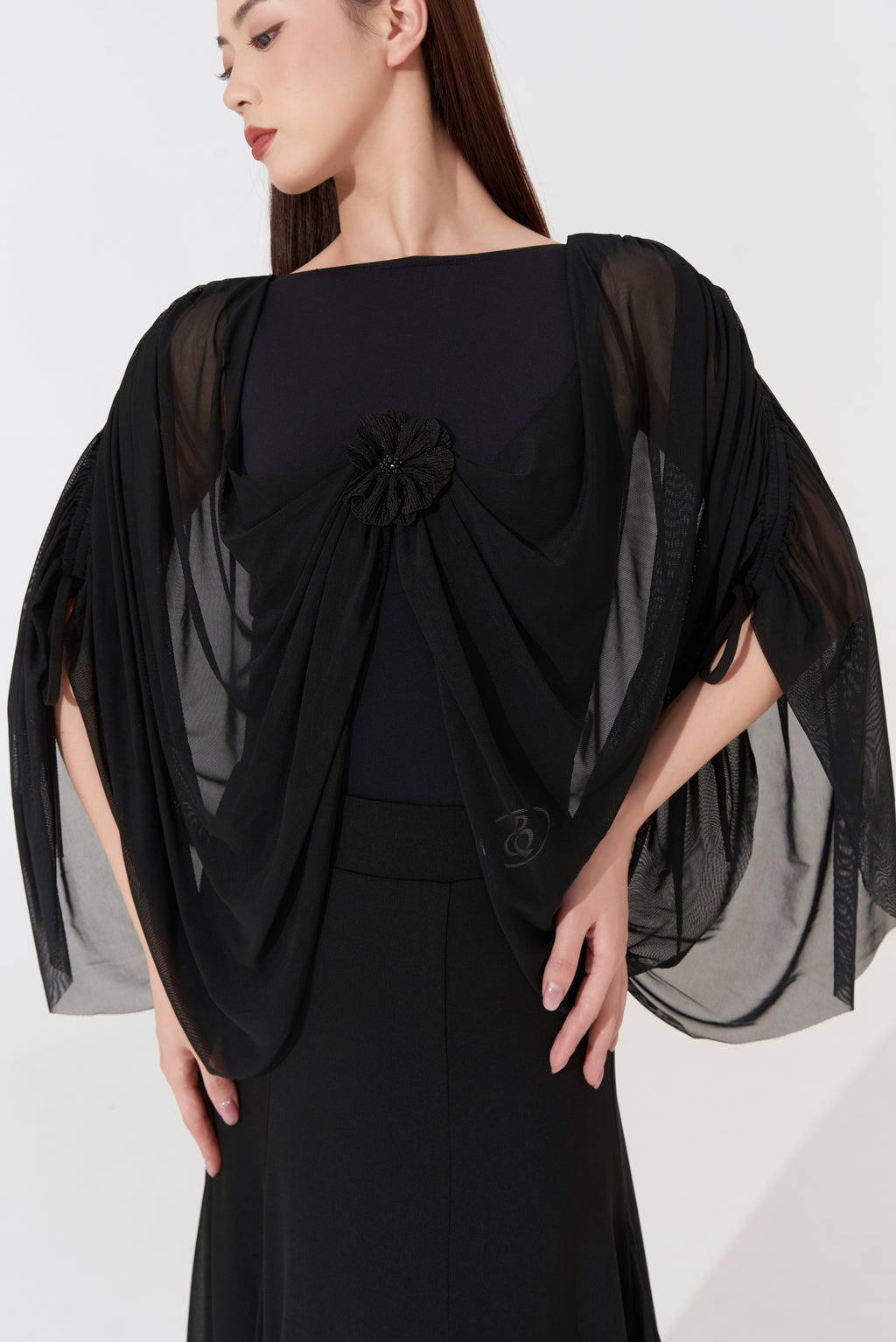 DANCE QUEEN 1081 Classic Black Off Shoulder Pleated Ballroom