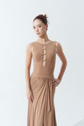 DANCE QUEEN 1131-7 Smoke Tan Metal Buckle Hollow Sleeveless Ballroom Dance Wear Leotard No Bra Pads
