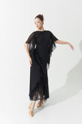 DANCE QUEEN 1151 Asymmetrical Mesh Sleeve Lace Hem Custom Made Ballroom Practice Dress