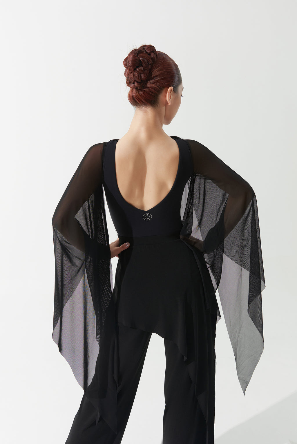 DANCE QUEEN 1163 Black Cross Front Mesh Sleeves Backless Ballroom