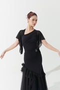 DANCE QUEEN 1167 Black Asymmetric V-neck Mesh Sleeves Draped Bodice Ballroom Leotard