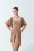 DANCE QUEEN 1169-4 Smoke Tan Square Neck Pleats Ruffle Sleeve Backless Ballroom Leotard
