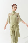 DANCE QUEEN 1171-2 Jade Green Pleated High Collar Metal Buckle Mesh Sleeve Ballroom Dancewear Leotard