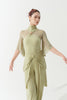 DANCE QUEEN 1171-2 Jade Green Pleated High Collar Metal Buckle Mesh Sleeve Ballroom Dancewear Leotard