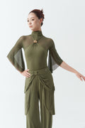 DANCE QUEEN 1171-3 Turquoise Pleated High Collar Metal Buckle Mesh Sleeve Ballroom Dancewear Leotard