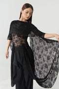 DANCE QUEEN 1219-2 Black Floral Lace Cape Overlay Boat Neck Sheer Lace Draped Flowy Sleeve Ballroom Practice Top Women Wear Dance Bodysuit Leotard
