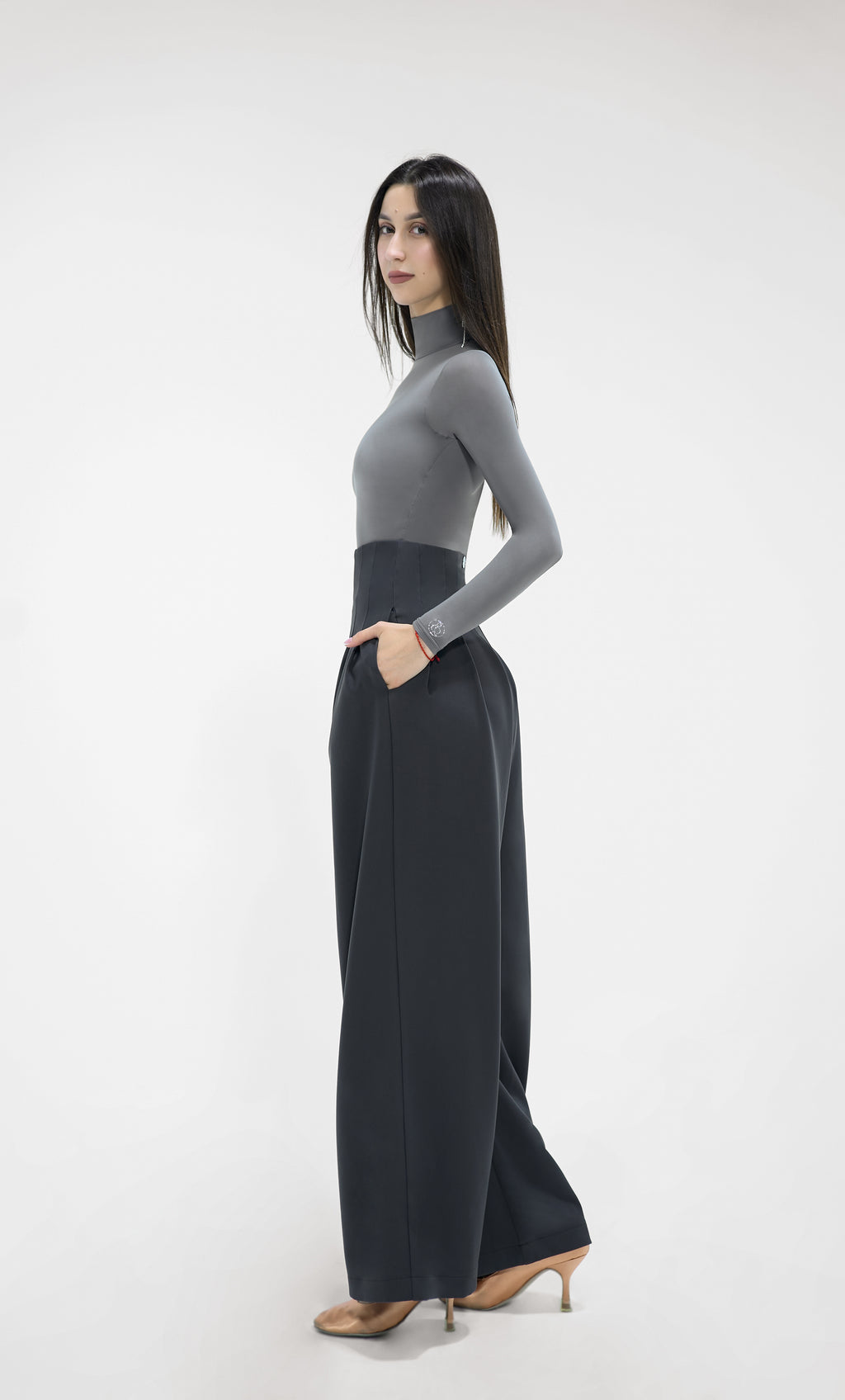 DANCE QUEEN 851-5 High Waist Dark Gray Wide Leg Woman Trouser