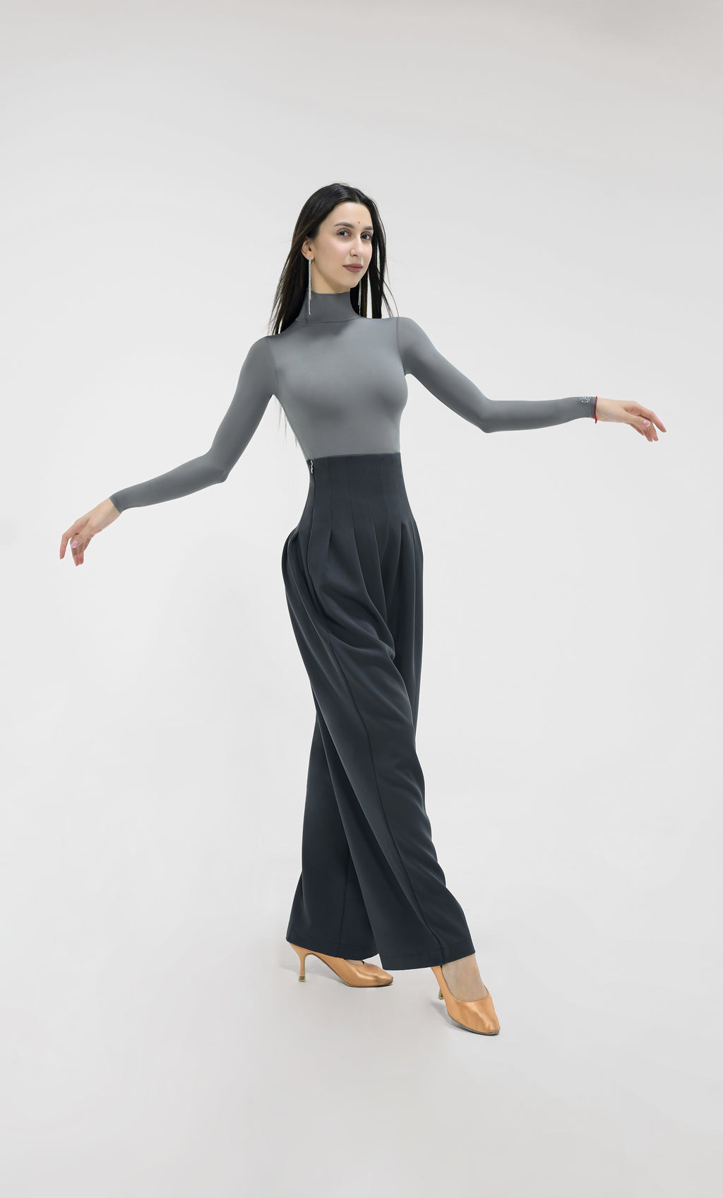 DANCE QUEEN 851-5 High Waist Dark Gray Wide Leg Woman Trouser