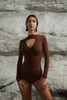 DANCE QUEEN 856-1 Brown Hollow Long Sleeve Practice Ballroom Leotard
