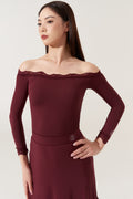 DANCE QUEEN 893-3 Wine-Stained Red Off Shoulder Flower Ballroom Practice Dance Sport Leotard
