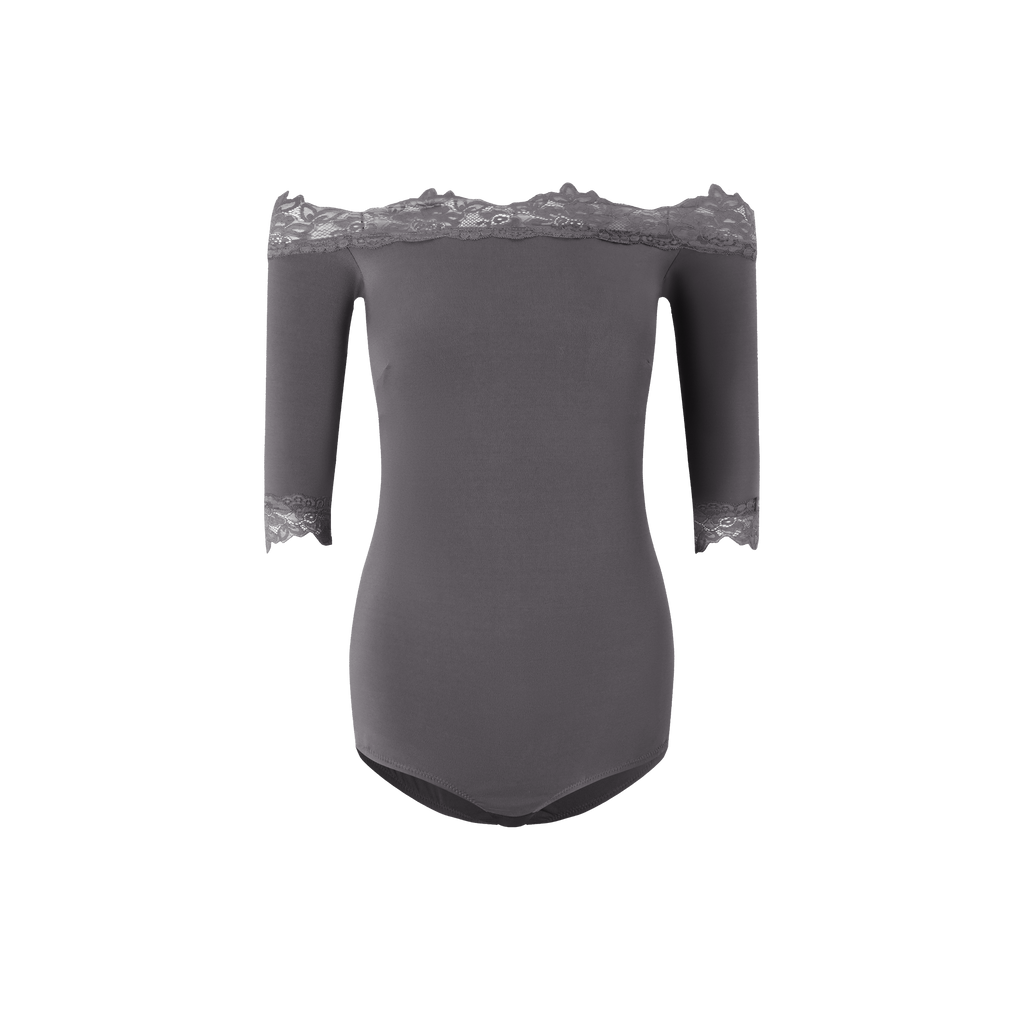 DANCE QUEEN 943-11 Gray Lace Off Shoulder Ballroom Practice Dance Sport Leotard