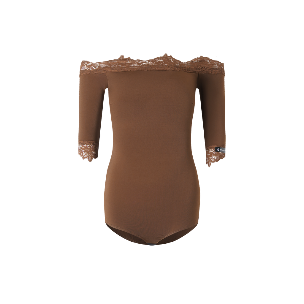 DANCE QUEEN 943-9 Brown Lace Off Shoulder Ballroom Practice Dance Sport Leotard