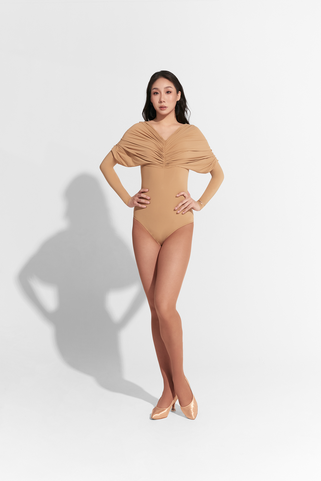 DANCE QUEEN 811-2 Pleated V-neck Long Sleeve Leotard