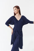 DQ1142-5 Navy Leotard – Crystal logo, V-neck pleats, puffed sleeves.Exclusive Edition