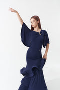 DQ1172-2 Navy Diamond-Button Leotard – Sculpted pleats, open back, ruffled sleeves. Exclusive Edition.
